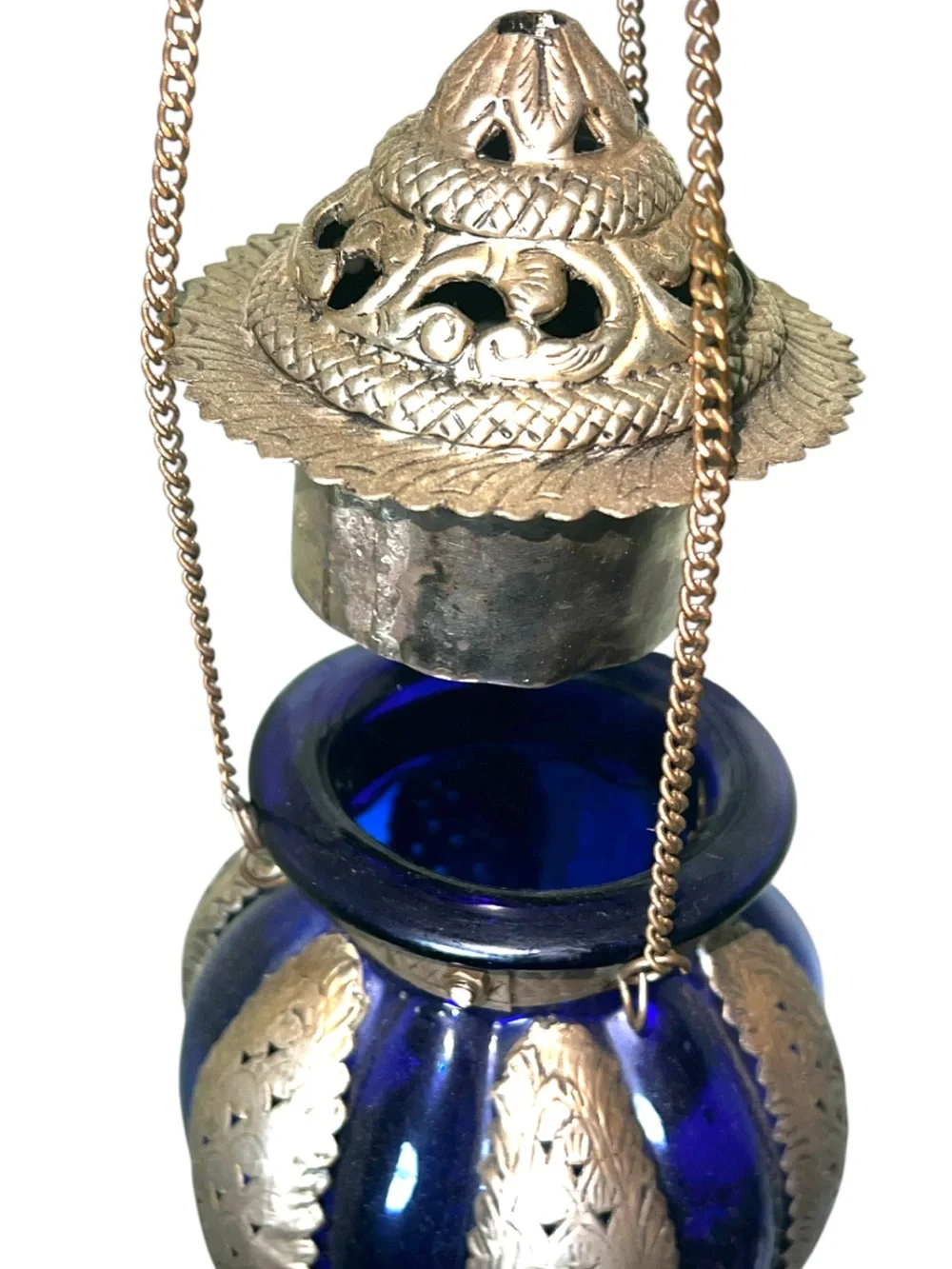 Moroccan-Style Hanging Lantern - Cobalt Blue and Brass